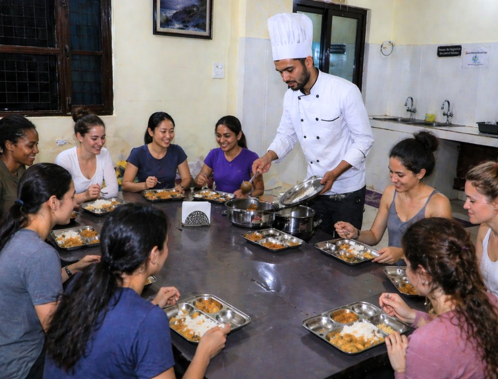 Yoga students enjoying healthy meal