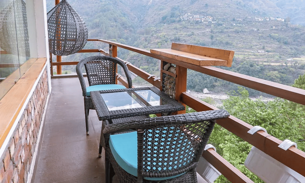 Peaceful Ashram Balcony Terrace Overlooking Himalayan Mountain Valley