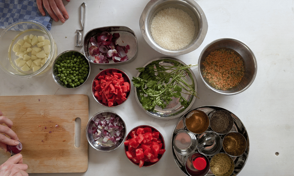 Fresh Sattvic Vegetables, Spices and Ayurvedic Ingredients Prep at Sages Yoga