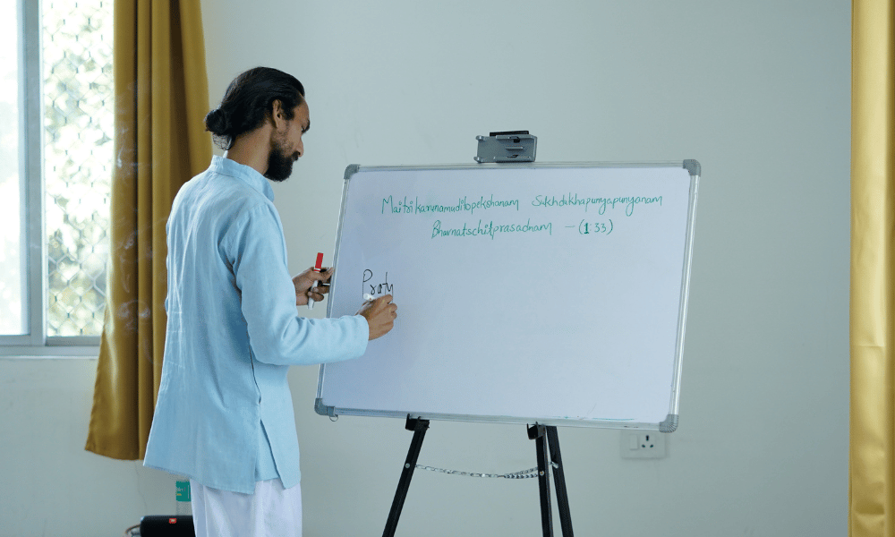 Master Indian Yogi Teaching Patanjali Yoga Sutras & Philosophy on Whiteboard in Rishikesh